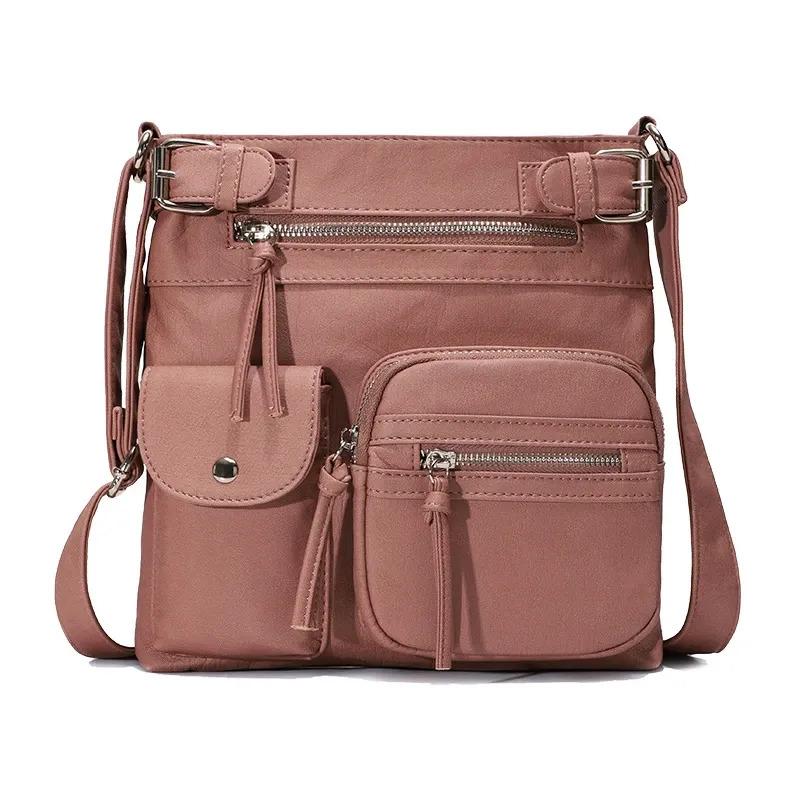 Premium Multi-Pocket Crossbody Bag, weiche Leder Schultertasche 
